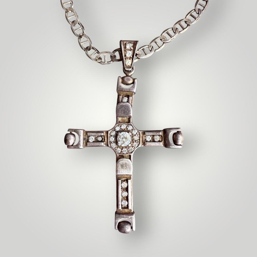 Sterling Silver 925 Cross Pendant Necklace 24 inch  CZ Stones Missing Stone